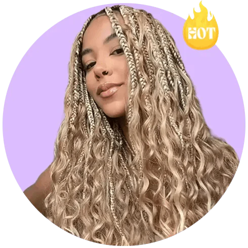 Smiling Black woman showcasing 613 hair color boho knotless braids hairstyle with a HOT sale icon in the top right corner