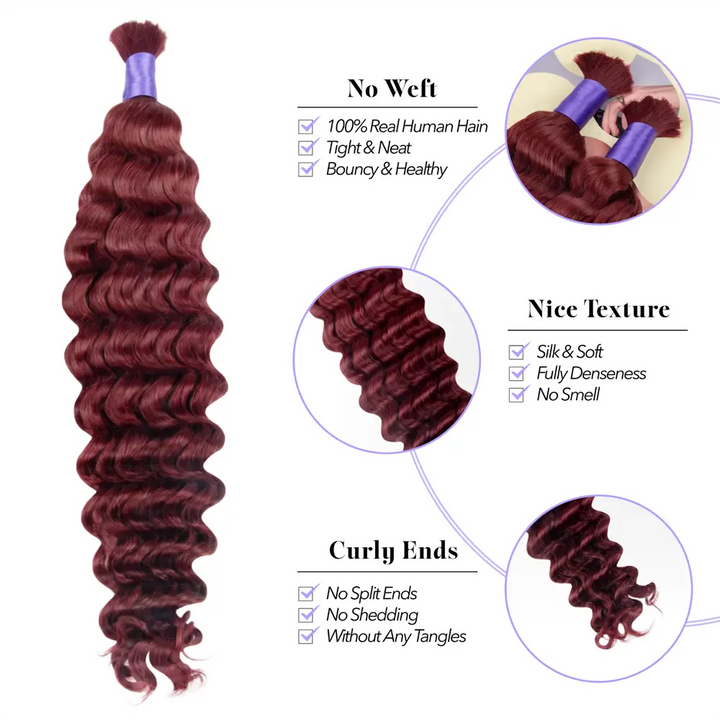 Burgundy Deep Wave Bulk Hair Extensions for Braiding