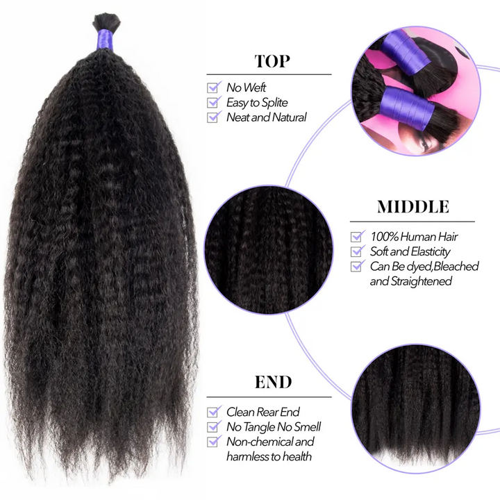 Kinky Straight human hair bulk functionality and features displayed