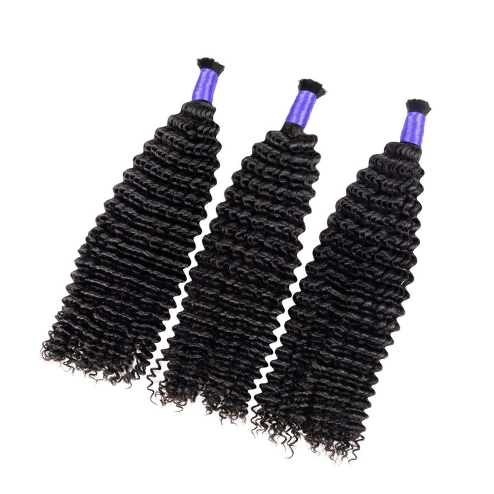 Three kinky curly braiding hair human bundles angled towards the top right