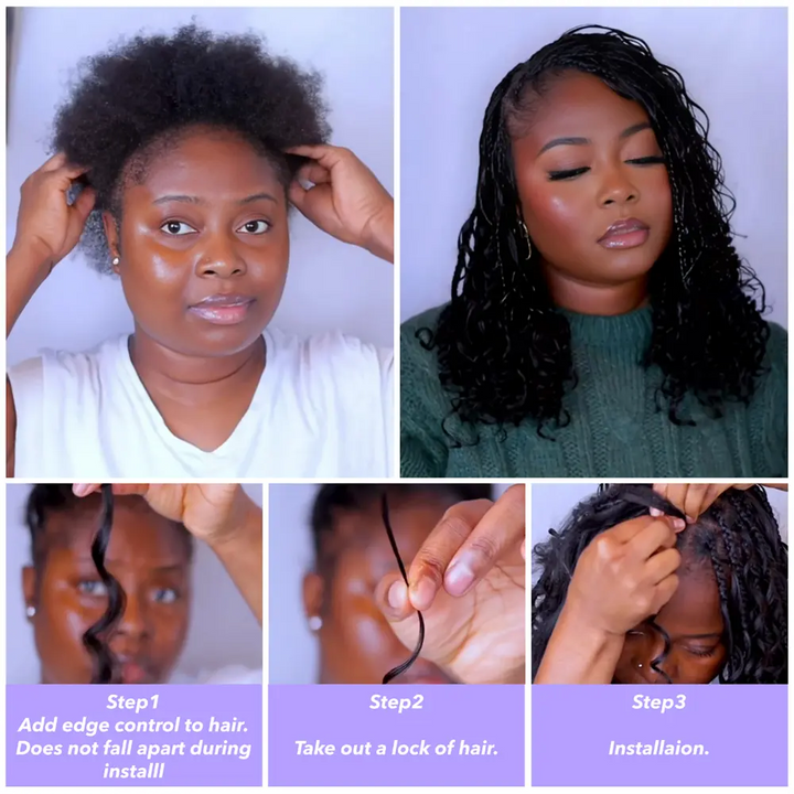 Step-by-step guide featuring a Black woman demonstrating the installation of deep wave bulk human hair