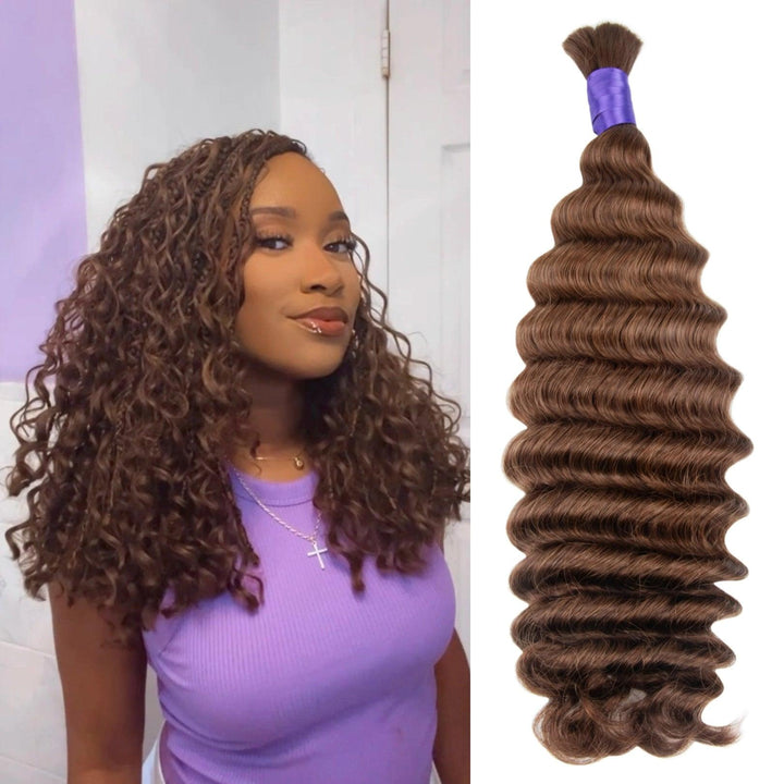 Black girl showcasing number 4 hair color boho bob braids on the left and color 4 braiding hair product on the right