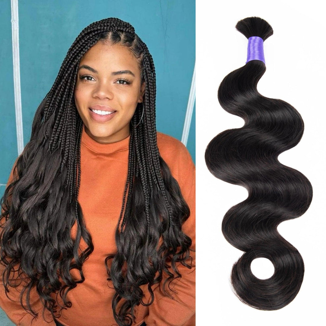 Black girl showcasing braids on the left and body wave braiding human hair product on the right